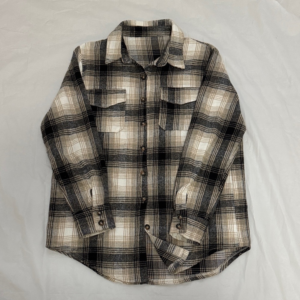 SHEIN Black and Cream Plaid Button Down Shirt